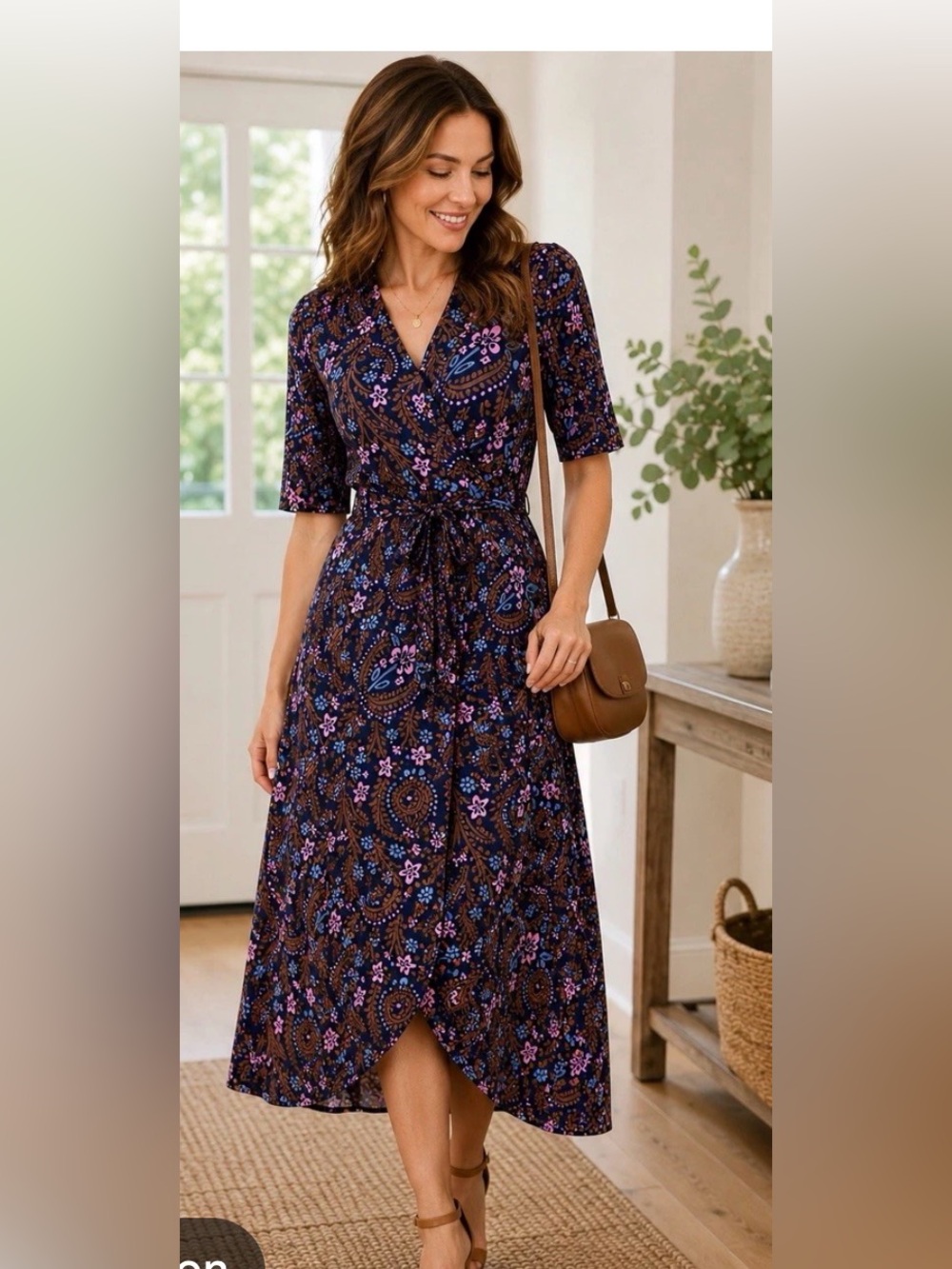 Boden Navy floral wrap midi viscose Jersey knit women’s dress 4 uk 8 R